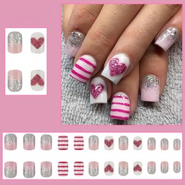 24Pcs Glitter Heart Press on Nails Short Square Fake Nails with Pink Heart Glitter Designs Valentine's Day False Nails Holiday Stick on Nails Artificial Acrylic Nails for Wedding Party Nail Decoration