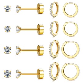 PATISORNA 8 Pairs Stainless Steel Earrings Sets for Women Men Small Huggie Hoop Earrings Flat Back Tiny Ball CZ Stud Earring Cartilage Helix Earrings Inner Diameter 6-12MM,CZ Diameter 2-3MM