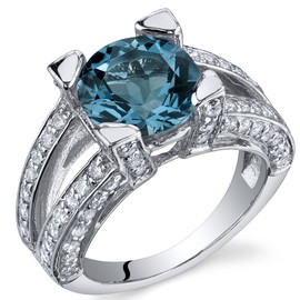 PEORA London Blue Topaz Ring in Sterling Silver, Natural Gemstone, Vintage Antique Design, Round Shape, 9mm, 3.25 Carats total, Comfort Fit, Size 5, December Birthstone Ring,