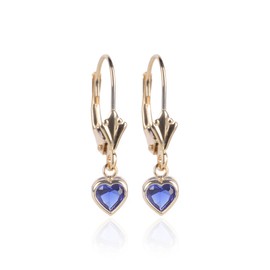 Pendientes de oro amarillo de 14 quilates con forma de corazón y piedra de color CZ 6 mm azul