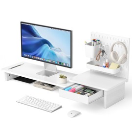 AFOOYO Pegboard Monitor Stand Riser,Computer Monitor Stand with 2 Hooks Cable Management Desk Organizer and Drawer for Laptop,PC,Computer,Printer,White