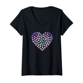 Womens Cute Colorful Animals Paw Prints in Heart Love Shape V-Neck T-Shirt