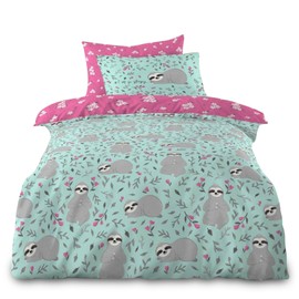 VELVETIO Luxury Kids Duvet Cover Set & Pillowcase, Boys & Girls Printed Sleepy Sloth Bedding Quilt Single, Soft Reversible Animal Comforter Bedset, Multi