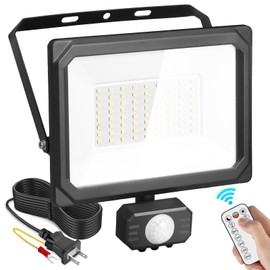 Akitoe LED Sensor Light, Indoor/Outdoor Use, Motion Sensor, LED Floodlight, 50 W, Daylight White, 6500K, 2P Plug, Flood Light, 100 V, Remote Control, Auto On/Off, Ultra Brightness, IP65 Waterproof,