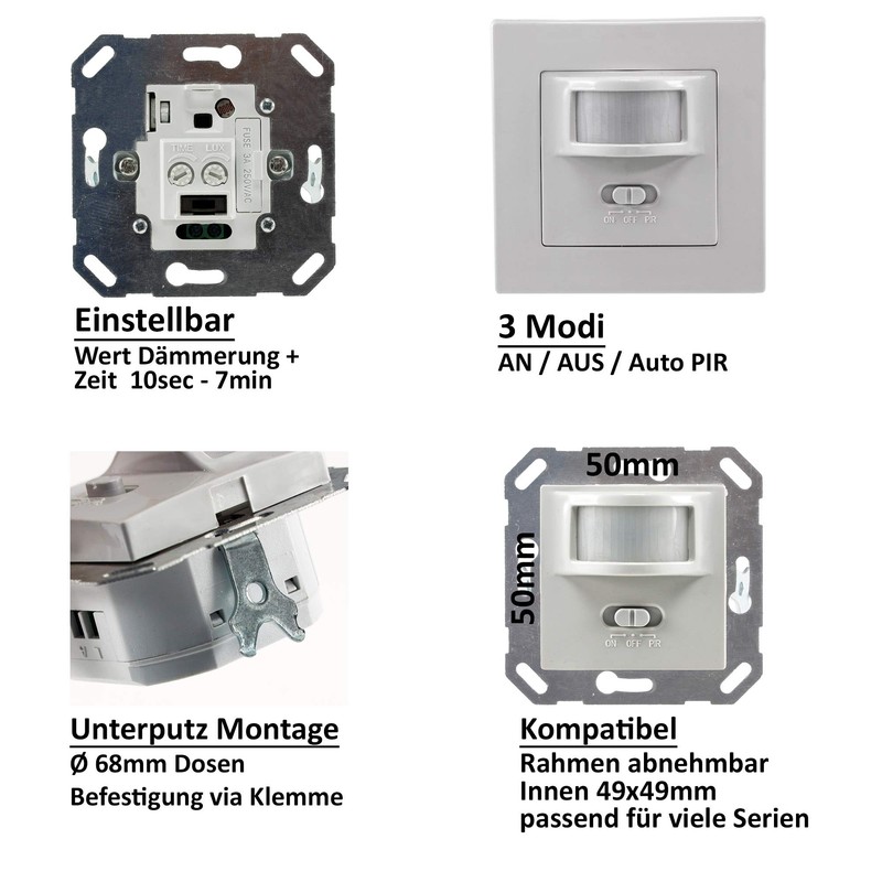 Motion Detector Sensor, Flush-Mounted Installation, LED Suitable, 9 Metre Range,