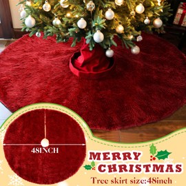 Civaner Burgundy Red Christmas Tree Plush Skirts Decorations Faux Fur Plush Christmas Tree Skirt Merry Xmas New Year Holiday Party Decorations for Indoor Home Ornaments(48 Inch)
