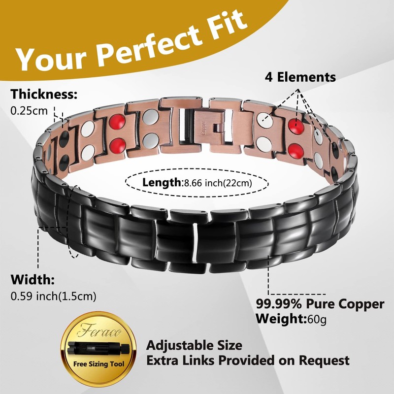 Feraco Copper Bracelet for Men,99.99% Solid Copper Magnetic Therapy Bracelets