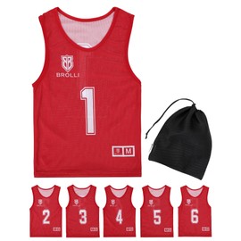 Brolli Bibs Set for Kids and Adults, Includes Storage Bag, Numbered Mesh, Soccer Futsal, Fashionable, Set of 6, red