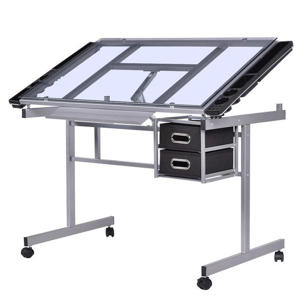 Adjustable Drawing Desk Rolling Drafting Table Glass Top Durable Portable