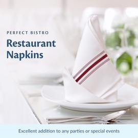 Bistro Restaurant Napkins, White with Colored Stripes and Fully Stitched Borders, 18” X 22” Poly Dinner Cloth Napkins, Bulk 50 Packs by Groko Textiles (Burgundy Stripe, White, 50)