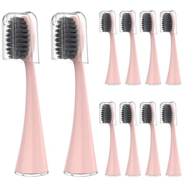 Replacement Toothbrush Heads for Burst Electric Toothbrush Adults with Dust Cover Caps, Soft Charcoal Bristles for Deep Cleaning, Plaque Removal and Whiting Teeth, 10 Counts, Rose Gold
