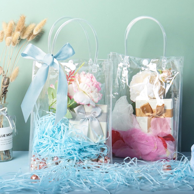 8 Pack Clear Plastic Gift Bags with Blue Ribbons, 23×