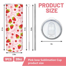 FYSUIMU 1Pc Strawberry Bow Tumbler with Lid Straw 20oz Pink Bowknot Flower Stainless Steel Travel Tumbler Cup Boxed for Coquette Wedding Iced Coffee