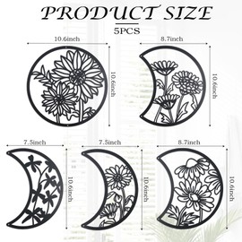 OYEFLY 5 Pieces Metal Moon Phase Wall Decor,Black Boho Moon Phase Wall Art (Black)