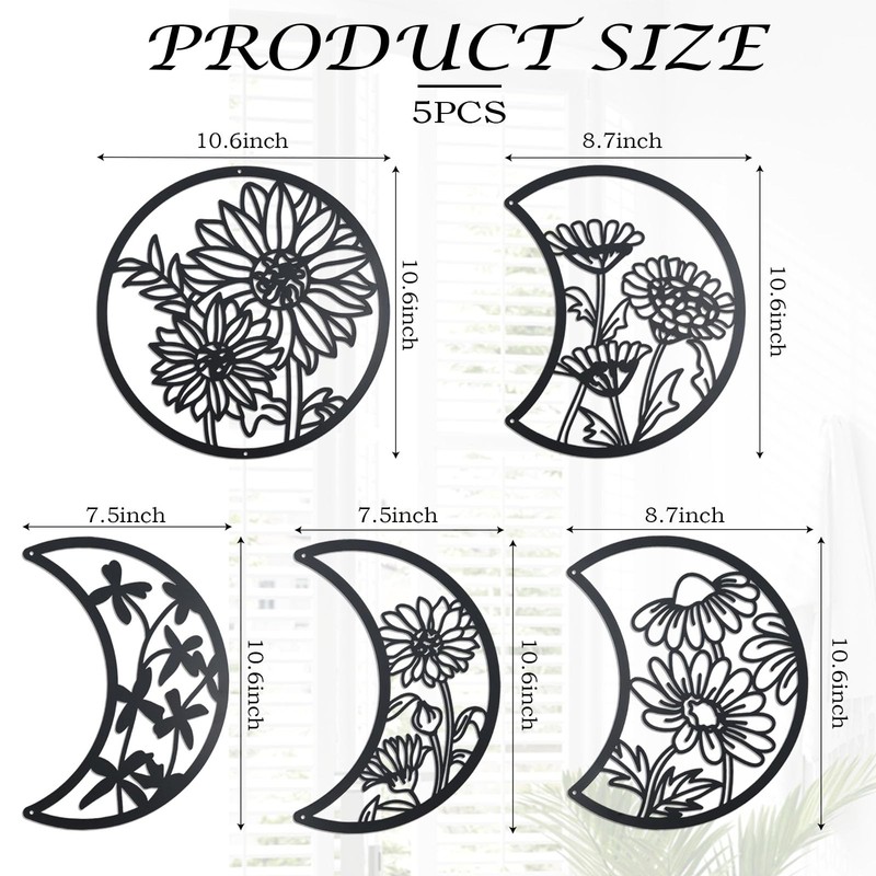 OYEFLY 5 Pieces Metal Moon Phase Wall Decor,Black Boho Moon