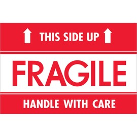 Tape Logic Aviditi Tape Logic 2"" x 3"", ""Fragile This Side Up HWC Red/White Warning Sticker, for Shipping, Handling, Packing, and Moving (1 Roll of 500 Labels) (DL2156)