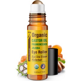 Seven Minerals Castor Oil Roll On Eye Roller for Under Eye Bags, Dark Circles & Wrinkles - Powerful Organic Blend of Castor, Frankincense & Jojoba - Brighten, and Revitalize Skin & Face - 0.33 fl oz
