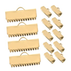 TEHAUX 20pcs Gold Crimp Beads Teeth Stainless Steel Cord End Caps for Jewelry Making for Flat Leather and Ribbon Clasp for Necklaces and Bracelets