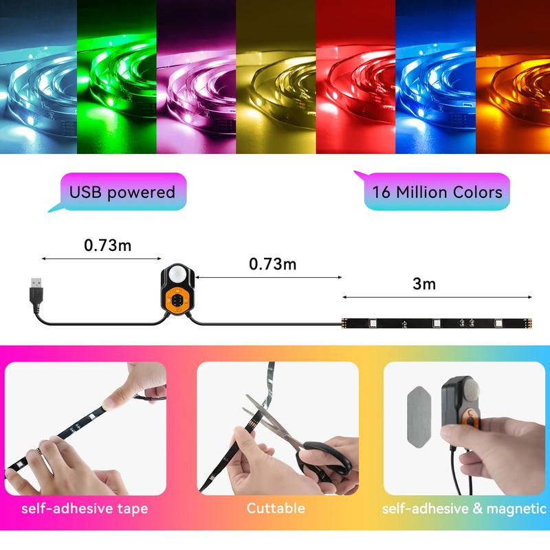 LED Strip with PIR Motion Sensor 3 m RGB LED
