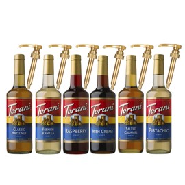 Jimoco Syrup Pump & Torani Syrup Bundle - Salted Caramel, French Vanilla, Pistachio, Hazelnut Classic, Irish Cream, Raspberry - For Italian Soda Coffee, Lattes, Frappes With 6 Pump Dispensers