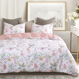 Wake In Cloud - Floral Comforter Set, Cottagecore Aesthetic Botanical Flower and Tree Leaves, Soft Lightweight Bedding for Women Teen Girls, 3 Pieces, Pink Green, Twin Size