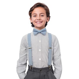 BELLUNO - Juego de pajarita y tirantes sólidos preatados para niños y jóvenes, eventos, fiestas, bodas, algodón y lino, 35 Dusty Blue, 31" (6-12 yrs. ＜5')