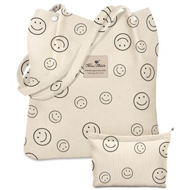 Miss Adola Aesthetic 2 Pack Corduroy Tote Bag - with Corduroy Makeup Pouch Bag for Women Laugh Face Reusable Grocery Bag with Buckle Shoulder Bag for Gym, Travel, Work