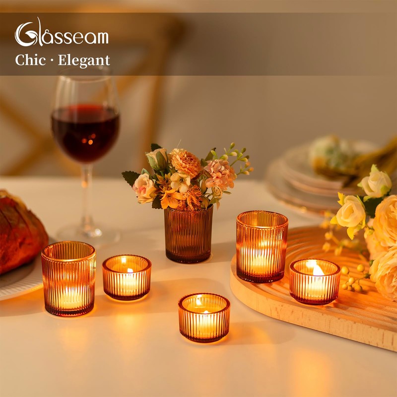 Glass Votive Tealight Candle Holder: Glasseam Amber Ribbed Tea Lights