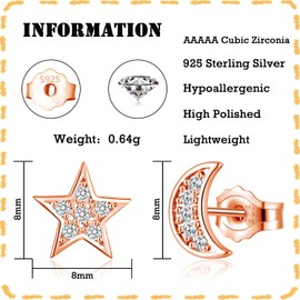 Deyanse Silver Stud Earrings for Women, 925 Sterling Silver Star Moon Heart Stud Earrings, Hypoallergenic Flat Stud Earrings with Zirconia, Small 8 mm Sleeping Cartilage Stud Earrings with Gift Box,