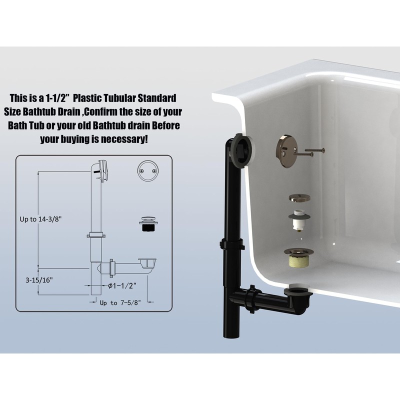 Artiwell 1-1/2" Black Tubular Bath Drain Kit with Tip-Toe Bath