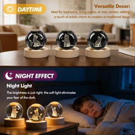 LOULIQIGIFT 2.3in Crystal Ball for Cat Lovers 3D Glass Engraved Cat Decorative Night Light with Wooden Light Base for Birthday Wedding Housewarming