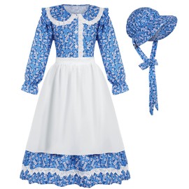 Rayekrot Girls Pioneer Costume Girls Colonial Costume Kids Floral Prairie Dress with Apron and Bonnet Blue (10-12 Years)