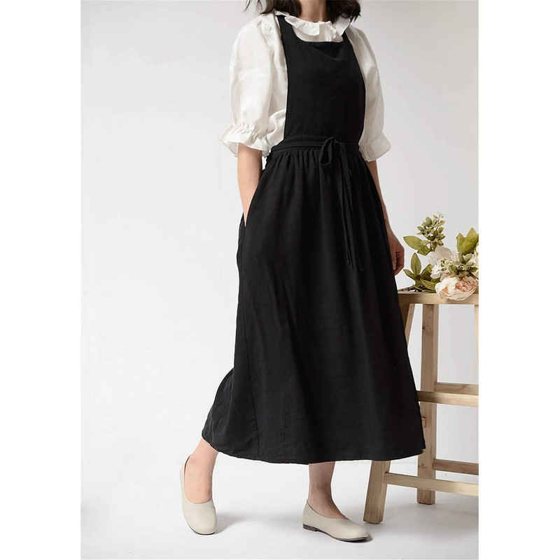 LeafIn Women's Flower Pattern Apron One-Piece Cotton 2-Way Pocket Long