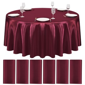 6 Packs Satin Tablecloth 120 inch Burgundy Round Tablecloths, Overlay Satin Table Cover Bright Silk Tablecloth Smooth Fabric Table Decoration for Wedding Party Banquet Events
