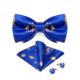 DiBanGu Mens Christmas Pre-tied Bowtie Festive Pattern Bowtie Pocket Square Cufflinks Set Xmas Holiday Bow tie with Gift Box, Blue and Gold
