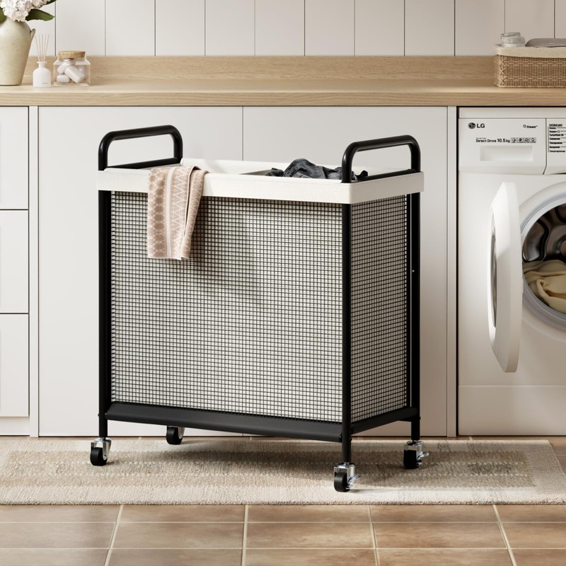 WOWLIVE Rolling Laundry Hamper 2 Section, 100L Laundry Basket with