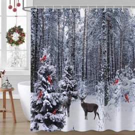 PAOPOED Winter Snow Christmas Shower Curtain, Forest Deer Cardinal Pine Tree Snowflake Nature Holiday Bathroom Curtain Set, Waterproof Fabric Polyester Bath Curtain with Hooks 72 x 72 inch