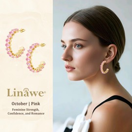 Linawe Pink Gold Half Hoop Earrings for Women Trendy, Chunky Gold Hoops, Cubic Zirconia Huggie Earrings, Birthstone Cubic Zirconia Imitation Diamond Crystal Hypoallergenic Hoop