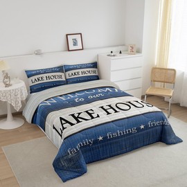 Castle Fairy Lake House Comforter Set King Size,Cabin Lodge Rustic Farmhouse Style Bedding Set All Season Quilt Set,Country Blue Wooden Stripes Microfiber Polyester Down Comforter
