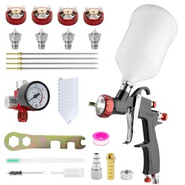 RRJ LVLP Spray Gun R500, Air Paint Gun Automotive with 1.3/1.5/1.8/2.0mm Nozzle & Air Regulator, 600cc Gravity Feed Air Spray Gun Premium Kit Auto Paint Spray Gun for Car Primers, Top Coat, Furniture
