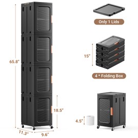 BROVIEW 4-Tier Tall Narrow Storage Cabinet Organizer, Slim Bathroom Cabinets with Doors and Shelves Adjustable, Plastic Kitchen Pantry Organizers and Storages for Small Space, Laundry, Black