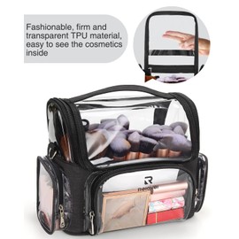 Relavel Makeup Brush Case, Large Makeup Brush Holder Professional Makeup Artist Travel Case Clear Waterproof Cosmetic Organizer Bag, Full Open Easy to Access, with Adjustable Strap and Dividers