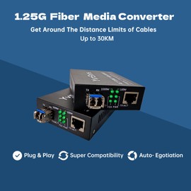 2 Pack Fiber to Ethernet Media Converter, Gigabit SFP to RJ45, 10/100/1000Mbps Auto, Includes 2 Pcs Single Mode SFP LC Modules,SMF, 1310nm, Up to 30 KM, for CCTV, Data Center, LAN, ISP