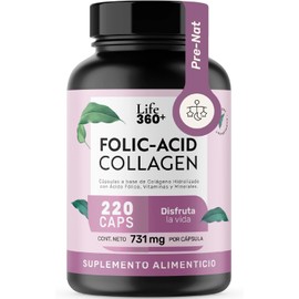 Life 360+ FOLIC ACID COLLAGEN | 220 cápsulas | Cápsulas a base de colágeno hidrolizado con ácido fólico, vitaminas y minerales | Suplemento Alimenticio | Cápsulas de gelatina y agua | 220 cápsula