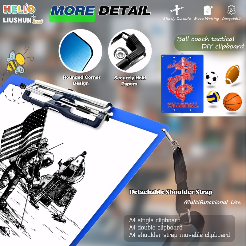 Aluminum Metal Clipboard with Detachable Adjustable Shoulder Strap A4 Double