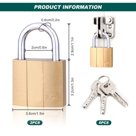 Padlock with Key, 2 Pack Pad Locks with 6 Keys Brass 38mm Padlocks for Locker Gym Lock Suitcase Cabinets Luggage Outdoor Shed Fence