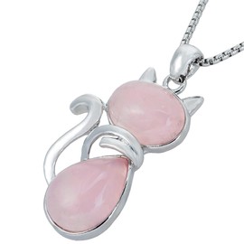KYEYGWO Crystal Cat Necklace for Women Men, Rose Quartz Necklaces Animal Kitten Jewellery Cute Cat Gifts for Cat Lovers