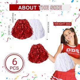 cssopenss 6 Pcs Pom Poms Cheerleading Metal Foil red Pom Poms Cheerleading with Plastic Handles red White Pom Poms for Cheering in Sports Meet Competition Fields and Other Festive Occasions, 30 Grams