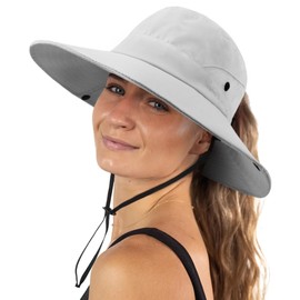 DRESHOW Women Sun Hat Outdoor UV Protection Hat Foldable Mesh Wide Brim Fishing Ponytail Beach Bucket Hats