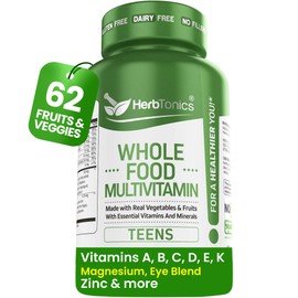 Herbtonics Whole Food Teen Vitamins for Energy, Focus & Immune Support - Multivitamin for Teenage Boys & Girls (12-18) with 62 Superfoods - Vegan, Plant Based, Non-GMO - 60 Easy Swallow Capsules